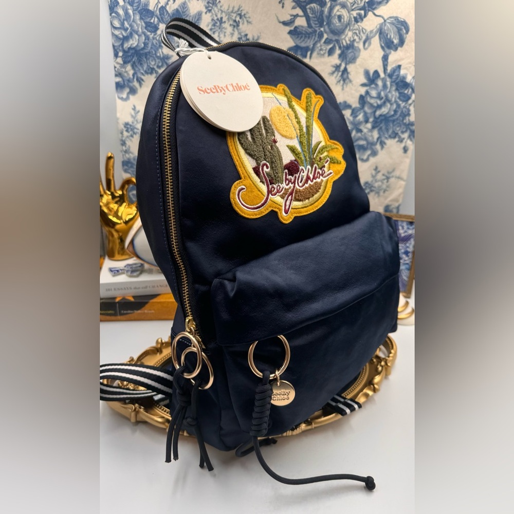 🆕 SEE BY CHLOE 🧿 NWT Cactus and Logo-Embroidered Satin Backpack in Navy - Picture 12 of 15